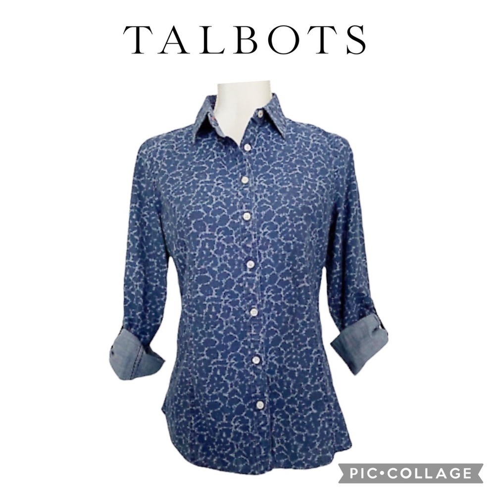 Talbots Petite women roll up sleeves acid wash animal print denim shirt size 2P